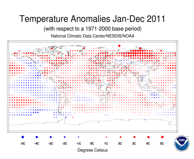 Temperature Anomalies Jan-Dec 2011 (1971-2000 base period)